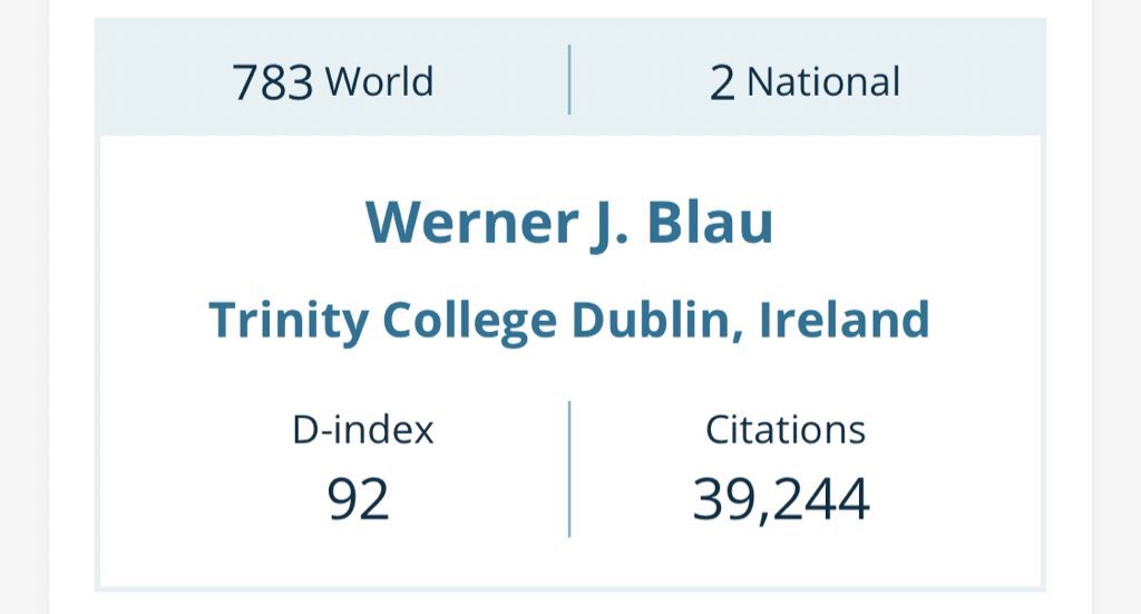 BlauGroup's tweet photo. Prof. Werner J. Blau - World leader in #MaterialScience and #2 in Ireland according to https://t.co/q47yoF0ZgA! https://t.co/SHSNu5cwNo