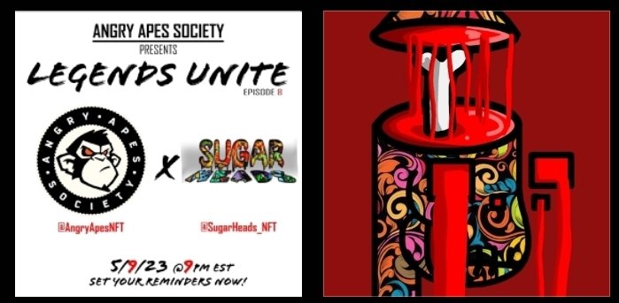 SugarHeads_NFT's tweet photo. LEGENDS UNITE | Episode 8
#AngryApesSociety feat. #SugarHeads

🎉#GIVEAWAY WIN A @SugarHeads_NFT

To Enter
✔️Like, RT & Tag 2 + #LegendsUnite 
✔️ Follow @AngryApesNFT, @SugarHeads_NFT @NoServiceEth @WildHubbenstein

✔️Set reminder
https://t.co/1cNtI2OWIj…
🫵 MUST be in the space 👆