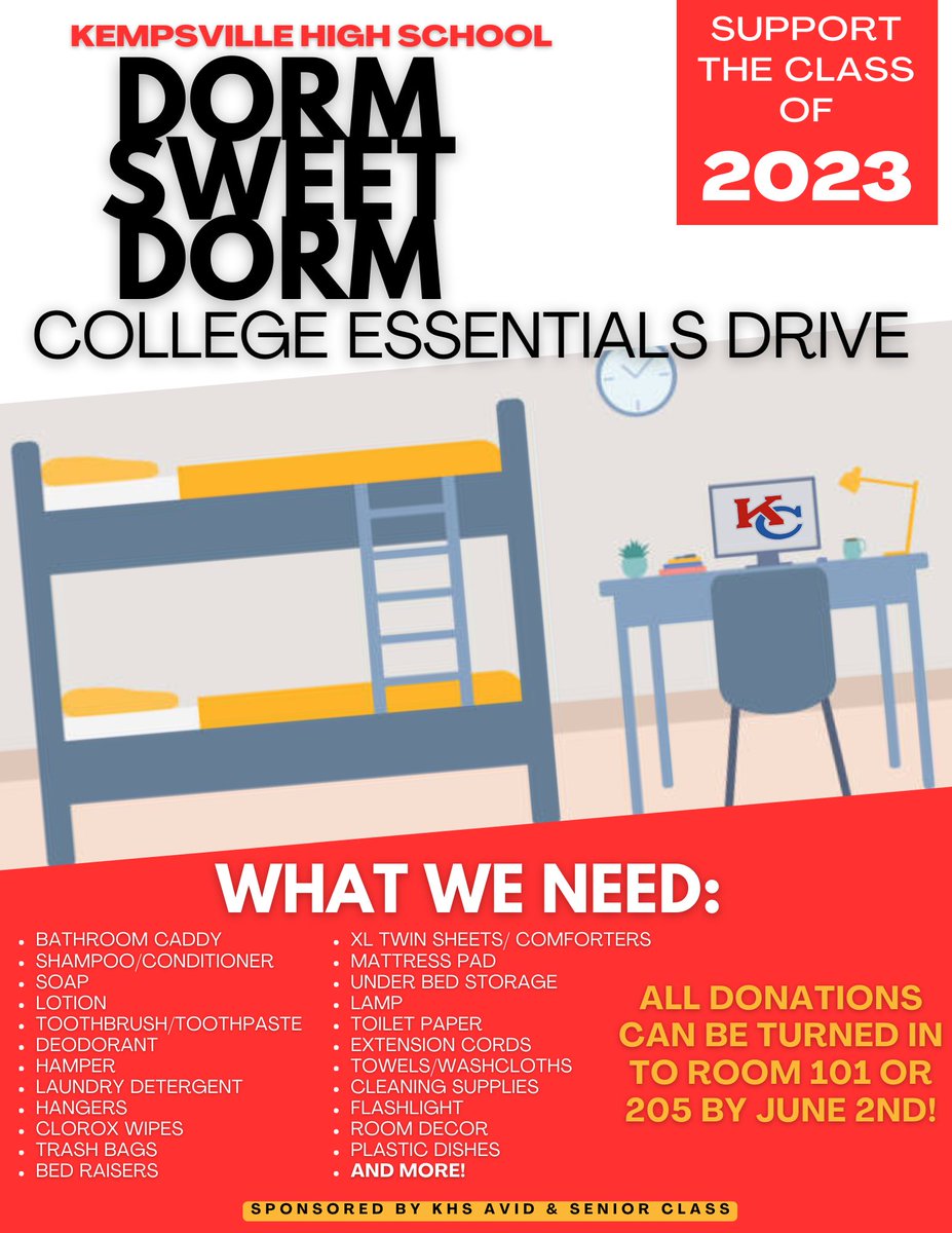 Kempsville HS AVID Program (@khs_avid_chiefs) on Twitter photo We're looking for our <a href="/KHS_Chiefs/">Kempsville Chiefs</a> community & supporters to help us send our seniors off to college with all of their dorm essentials. Let the #Classof2023 know that we are behind them as they venture into their next phase! #OnceAChiefAlwaysAChief #Classof2023 #ChiefKHSPride We're looking for our <a href="/KHS_Chiefs/">Kempsville Chiefs</a> community & supporters to help us send our seniors off to college with all of their dorm essentials. Let the #Classof2023 know that we are behind them as they venture into their next phase! #OnceAChiefAlwaysAChief #Classof2023 #ChiefKHSPride