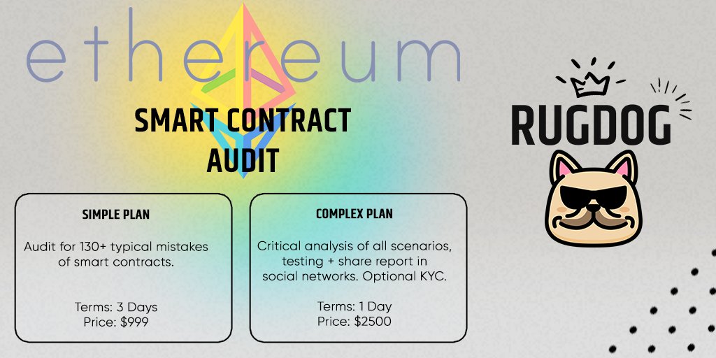 rugdognet's tweet photo. Looking to launch a new protocol on the #Ethereum blockchain? Let our expert team at #RugDog audit and secure your project's #smartcontracts to ensure a safe and successful launch!
https://t.co/rMt3cek5AO https://t.co/E463lTMryP