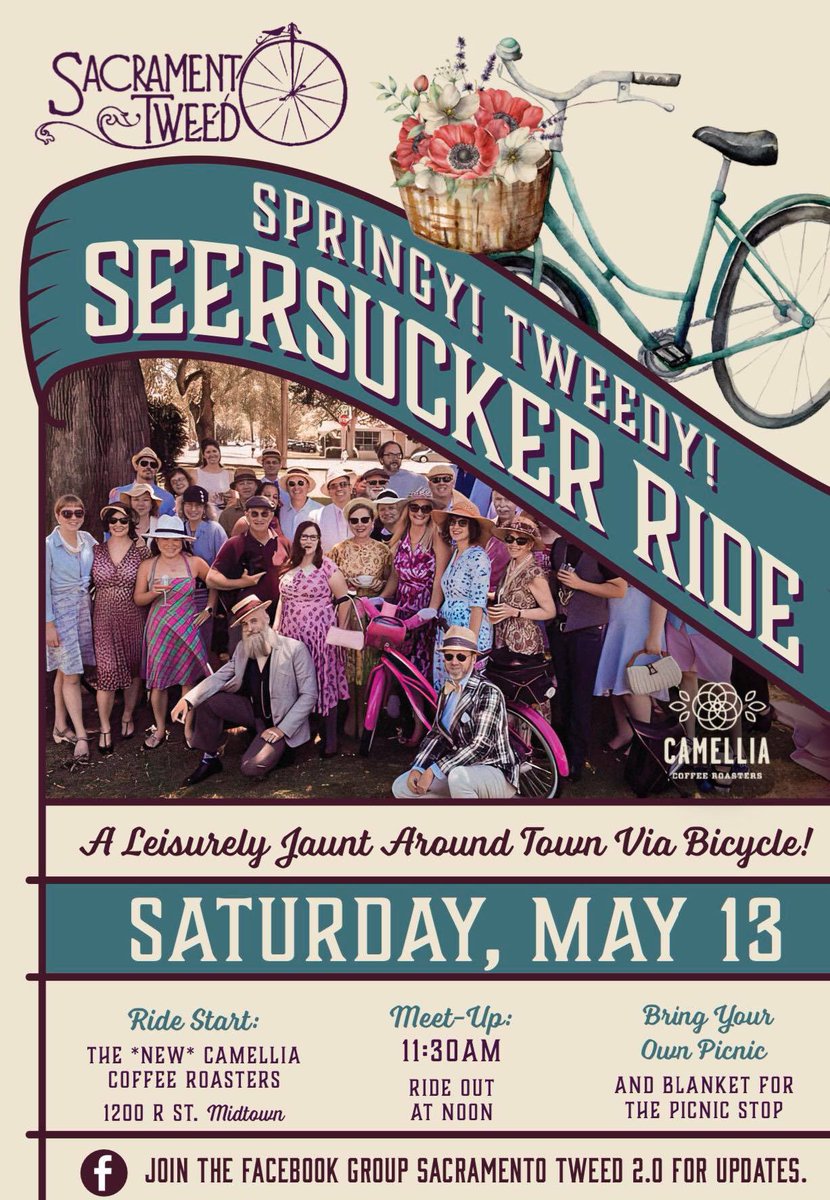 mayisbikemonth's tweet photo. Don't miss out this fashionista bike event this Saturday! Sacramento Tweed is hosting their annual Springy Tweedy Seersuck ride! It's a slow ride and picnic where dapper spring attire  is admired,  but not required. Bring your own picnic and blanket for the stop. https://t.co/B7e4BYM515
