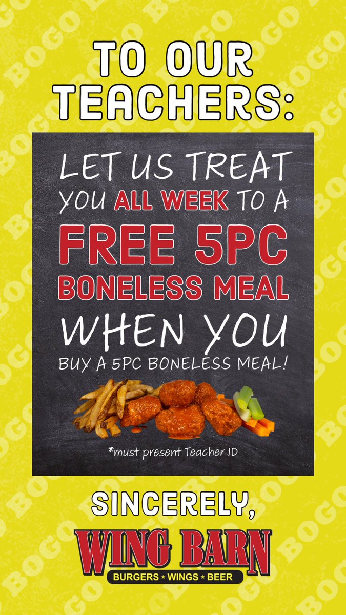 wingbarn's tweet photo. 👩‍🏫 👨‍🏫 Teachers deserve the best! So this week at Wing Barn, #Teachers get a 5pc Boneless Meal FREE w/the purchase of a 5pc Boneless Meal! 🔥

Share this with all the teachers you know so we can give them the appreciation they deserve! 

#TeacherAppreciationWeek 🍎 #TeacherShare https://t.co/zCcUvt7lnT