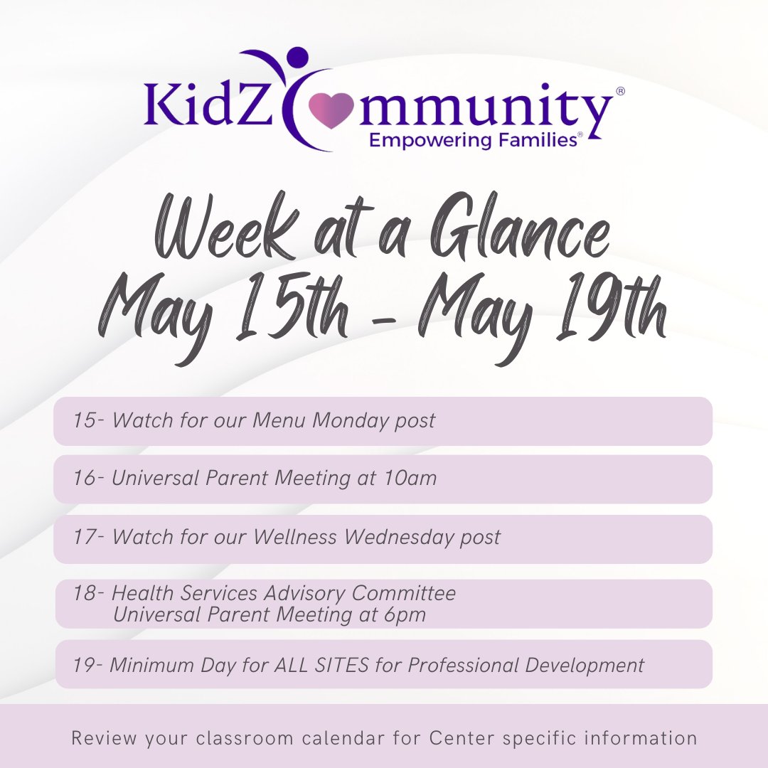 #KidZCommunity Week At A Glance

Contact your Site Staff, Family Advocate, or Home Visitor for details 💜

#HeadStart #EarlyHeadStart #EarlyLearning #EmpoweringFamilies #LearningThroughPlay #FamilyWellBeing #ComePlayWithUs #NowHiring #NowEnrolling #PlacerCounty #NevadaCounty