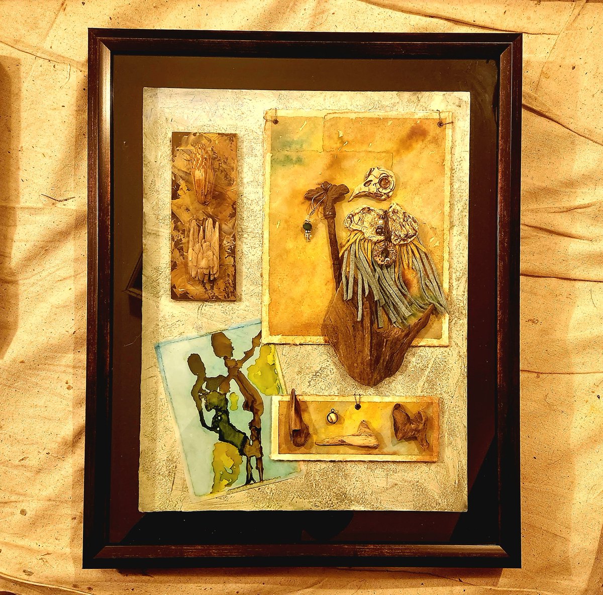 The Avian King of the Ethereal Realm  is born and framed. #mixedmedia #NFTs #pastels #foundobjects #watercolorart