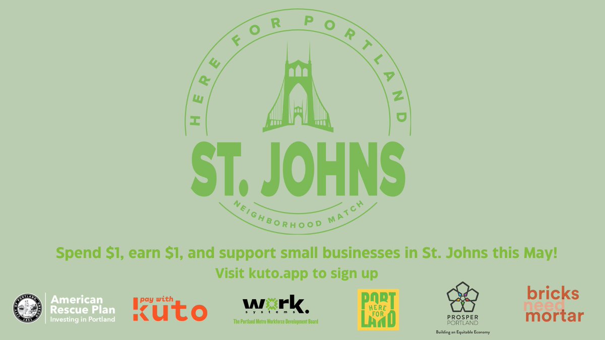 Worksystems's tweet image. The @HereForPortland #shopanddine program is a collaboration between @PortlandGov, @prosperportland, &amp;amp; @Worksystems. It’s aimed at helping small businesses by encouraging folks to shop &amp;amp; dine locally. In May, you can support small biz in St Johns just by paying with the @kutoapp!