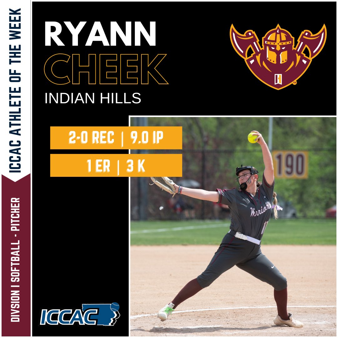 ICCAC ATHLETE OF THE WEEK
🗓️MAY 1-7
DI SB 🥎

<a href="/WarriorSoftball/">Indian Hills Softball</a> Julia Kwakernaak
<a href="/WarriorSoftball/">Indian Hills Softball</a> Ryann Cheek

🔗 bit.ly/3nUVS9o
#NJCAASoftball 🥎