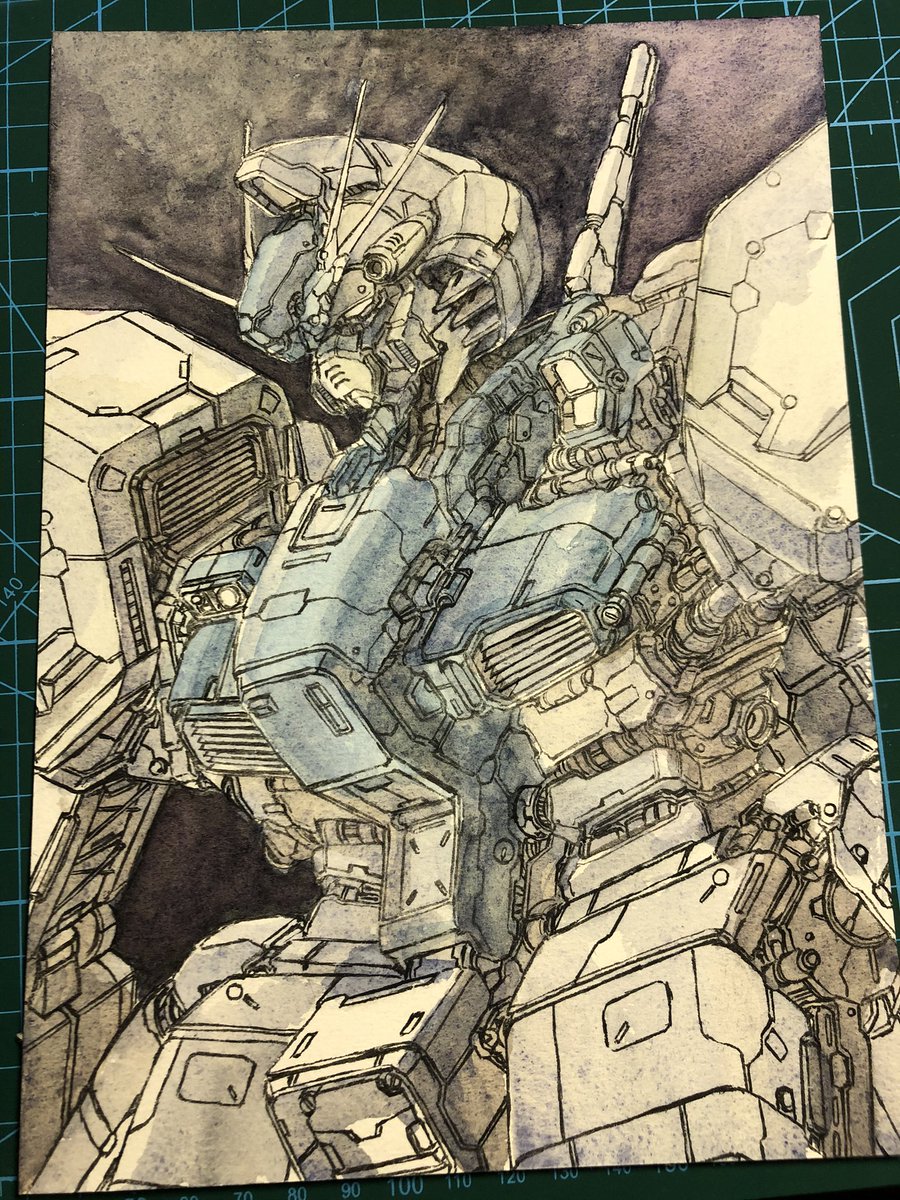 #アナログ絵 #絵描きさんフォロバ100 #水彩画 水彩ガンダムの制作過程です。 イラストボードに鉛筆で下絵を描き、アクリル絵具の黒を面相筆で墨入れ。その後、透明水彩絵具で色を重ねて行きます。細かい描き込みは細い筆で少しづつ。