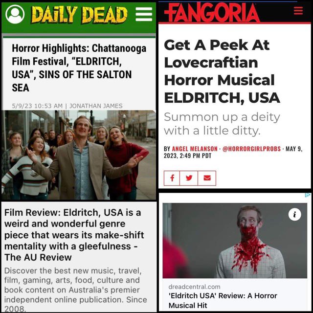 We’ve been busy today! Thanks <a href="/FANGORIA/">FANGORIA</a> <a href="/DreadCentral/">Brad @ Dread Central</a> <a href="/DailyDeadNews/">Daily Dead</a> and <a href="/theAUreview/">the AU review</a> for the features! We can’t wait to bring the madness to the masses 🪓

#horror #HorrorCommunity #Lovecraft #eldritchusa #comedy #musical #cthulhu #cult