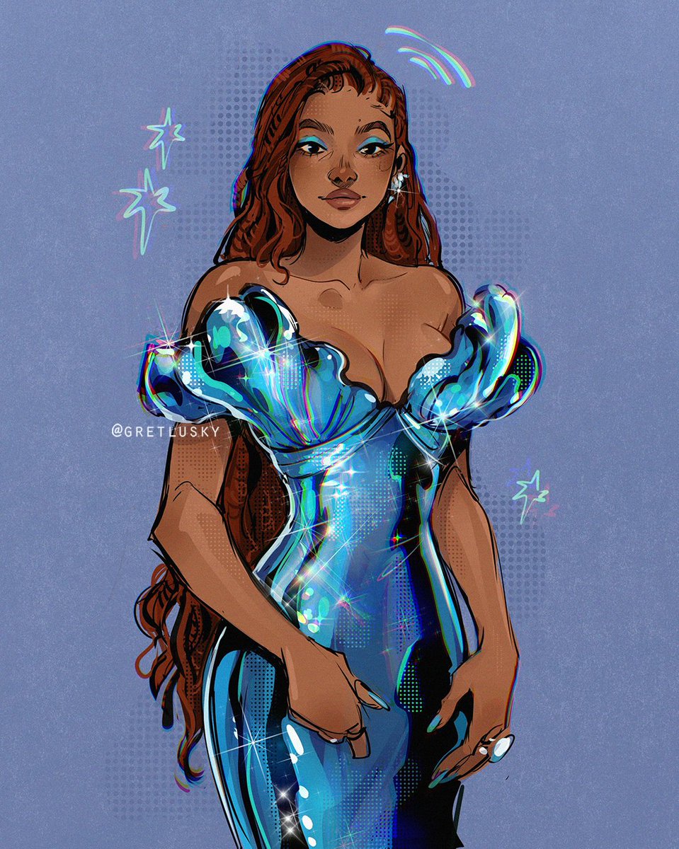 Gretlusky's tweet photo. Halle at the world premiere of #TheLittleMermaid ❤️🌊 this dress was unbelievable so I had to draw it!! words cannot describe my excitement for this movie https://t.co/OFV4g4b0oY