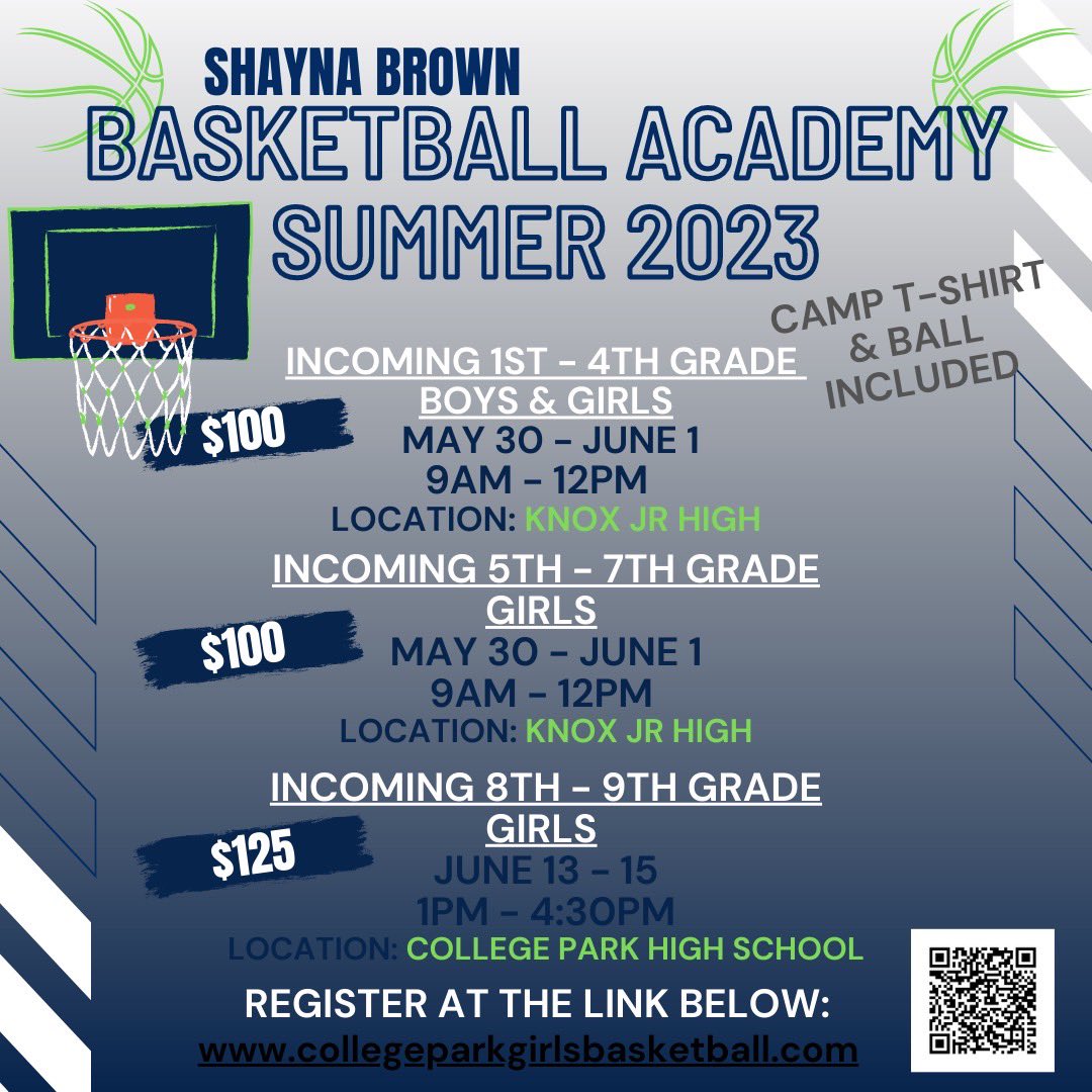CollegePark_GBB's tweet photo. Get registered for camp this summer! Walk ups welcome but register by may19 for shirt size&amp;camp🏀

Come hoop with us! Gonna be lots of fun! @shayna15brown @KnoxCISD @CollinsCobras @BeSomeone09 
@WoodlandsStuCtr @WoodlandsOnline @ConroeSports @basketball1245 @Coach_Deon @HadKy https://t.co/KxXBBxhwxE