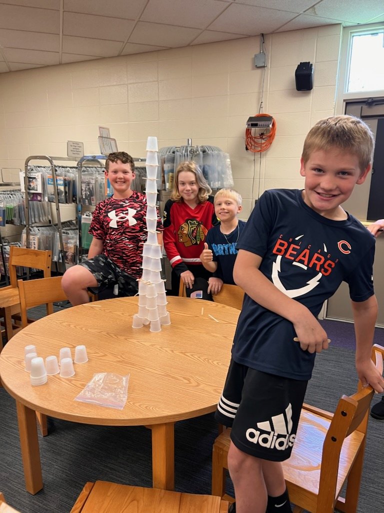 STEM activities in the library. Who can build the tallest tower. So far <a href="/mrs_jswanson/">Mrs. Jamie Swanson</a> class is in the lead with 36 in. #rcs118life