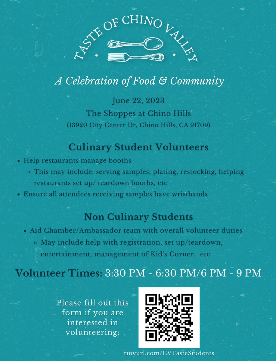 The Taste of Chino Valley is coming up! Volunteers needed! Scan the QR code or go to tinyurl.com/CVTasteStudents to learn more! #culinaryeducation #Foodie #volunteering