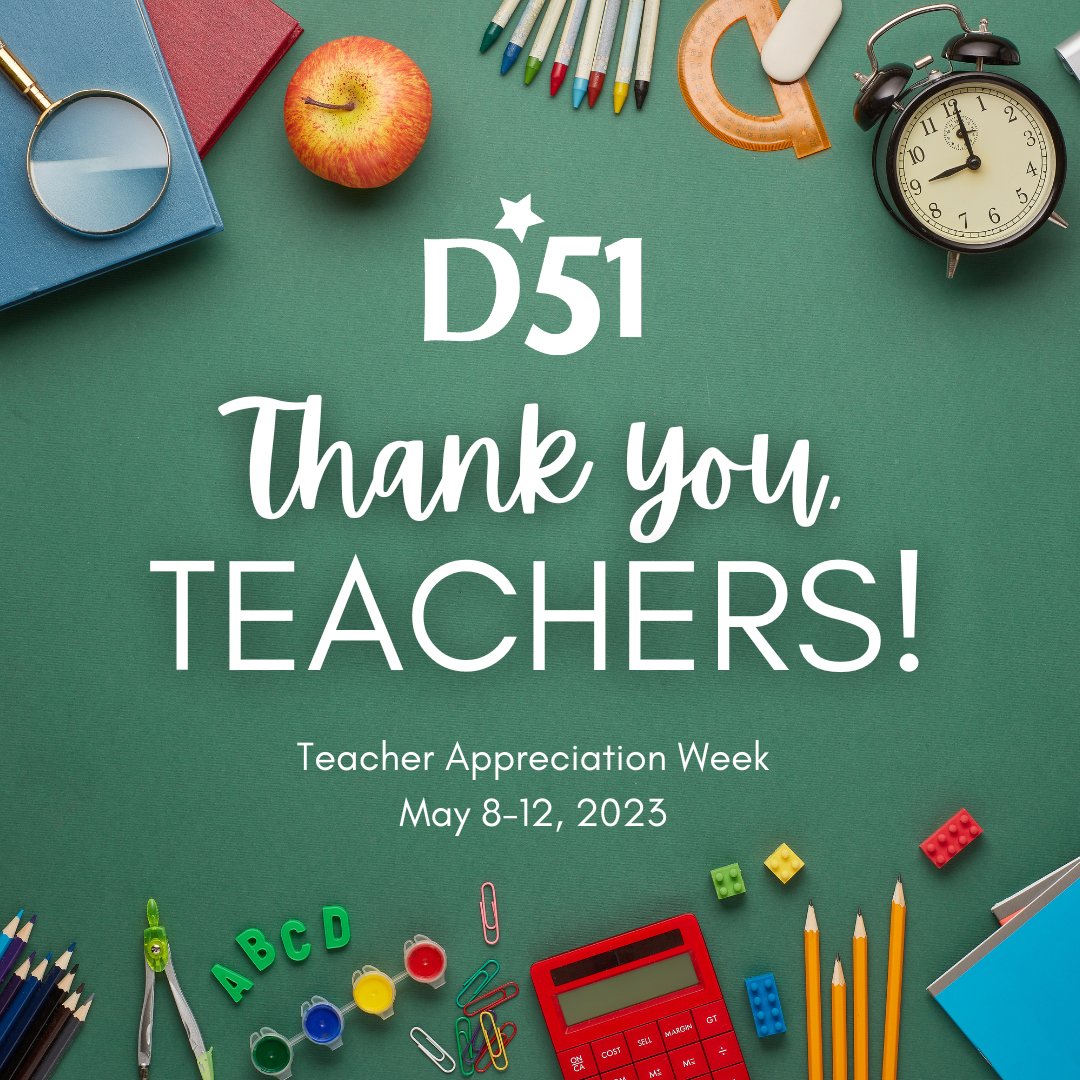 d51schools's tweet photo. This week is #TeacherAppreciationWeek and we are so thankful for all our amazing teachers for their adaptability, creativity, &amp; tireless efforts in inspiring our students to chase their dreams. You are the ❤ of our school community! Be sure to #ThankATeacher this week! #WeAreD51 https://t.co/qKmNM4G2zc