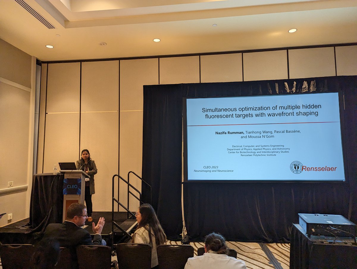 NgomResearch's tweet photo. The second talk on "Simultaneous optimization of multiple hidden fluorocent targets with wavefront shaping" being presented by Nazifa Rumman is Starting now. #CLEO2023 https://t.co/ceSJmsOaM0