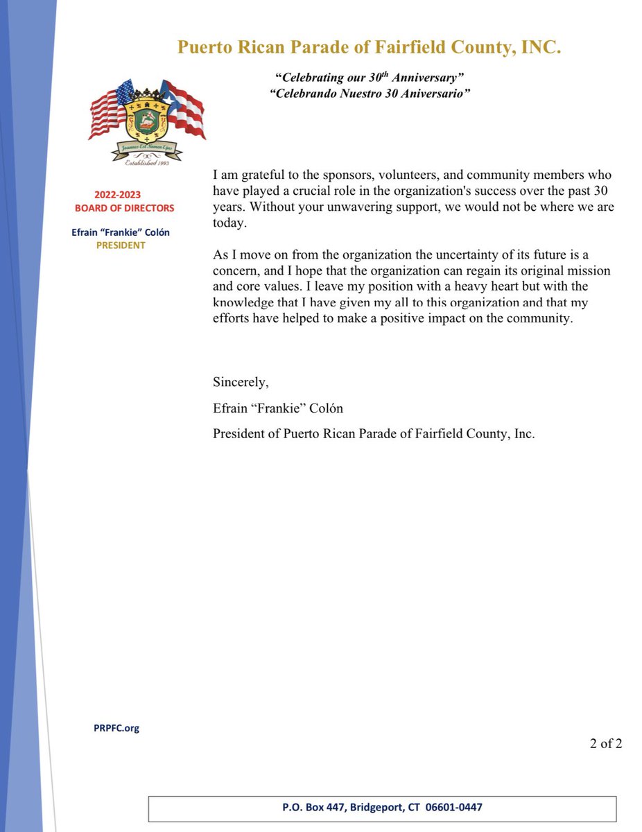 1993prpfc_'s tweet photo. Public Service Announcement Attention all members, supporters, sponsors, and friends of the Puerto Rican Parade of Fairfield County, Inc. We have an urgent statement from the president of the PRPFC that we need to share with you. Please take a moment to read the following message https://t.co/bvVs3oeu2h