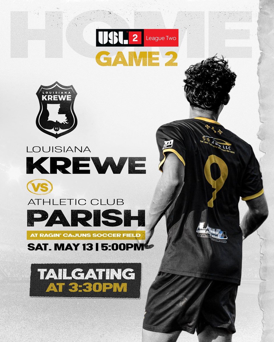 lakrewefc's tweet photo. ⚡️Krewe is back at the Ragin’ Cajuns Soccer Field for the BATTLE FOR THE BAYOU - against in-state rivals @geauxparish 

Following LA Krewe USL League Two match - the LA Krewe II will make its debut at GCPL under the command of Alfi Conteh ⚽️💛

Tailgating at 3:30PM! https://t.co/eYwyEEv9rd