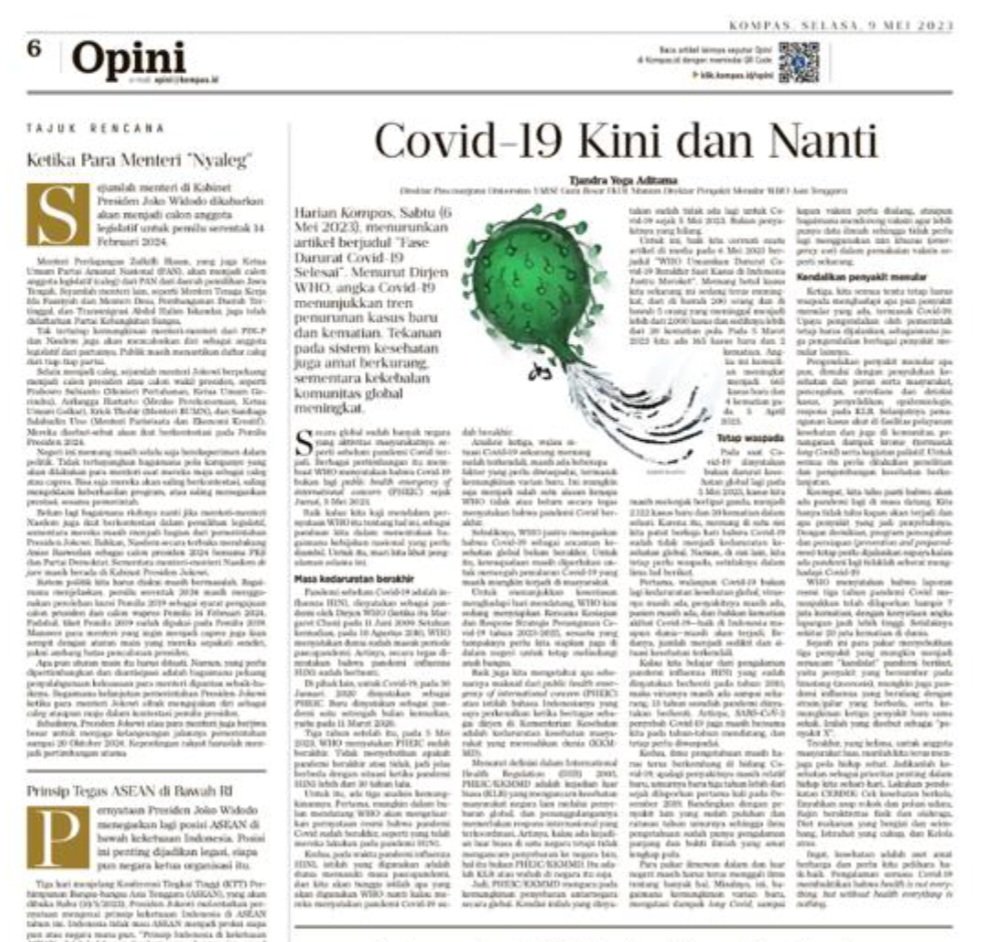 Kompas 9 Mei 2023, a.l. tentang 3 analisa kenapa pernyataan WHO 5 Mei 2023 ttg kedaruratan kesehatan global dan bukan tegas-tegas pandemi sudah usai, serta 5 antisipasi yang perlu dilakukan untuk kini &amp; masa datang kompas.id/baca/opini/202… 
<a href="/dokterparu/">一三一两 🍉 🫁 🎮</a>
<a href="/blogdokter/">dokterMade</a>
<a href="/WHOIndonesia/">WHO Indonesia</a>
