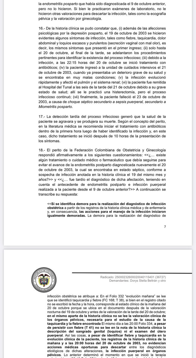 jairoparrac's tweet photo. RESPONSABILIDAD MÉDICA. DEMORA EN LA IDENTIFICACIÓN Y TRATAMIENTO. C.E: Hubo demora en la identificación del proceso infeccioso y en el inicio del tratamiento para la afección que presentaba la paciente. La detección tardía del proceso infeccioso generó que la salud de la paciente se agravara y se produjera su muerte. Según el concepto del perito, en la literatura médica se recomienda iniciar el tratamiento con antibióticos dentro de la primera hora luego de haber identificado la infección y, en este caso, dicho tratamiento se inició después de 10 horas de la presentación de los síntomas.