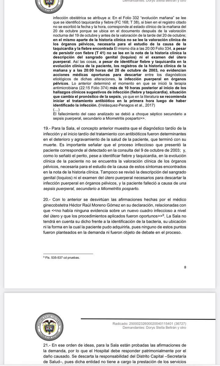 jairoparrac's tweet photo. RESPONSABILIDAD MÉDICA. DEMORA EN LA IDENTIFICACIÓN Y TRATAMIENTO. C.E: Hubo demora en la identificación del proceso infeccioso y en el inicio del tratamiento para la afección que presentaba la paciente. La detección tardía del proceso infeccioso generó que la salud de la paciente se agravara y se produjera su muerte. Según el concepto del perito, en la literatura médica se recomienda iniciar el tratamiento con antibióticos dentro de la primera hora luego de haber identificado la infección y, en este caso, dicho tratamiento se inició después de 10 horas de la presentación de los síntomas.