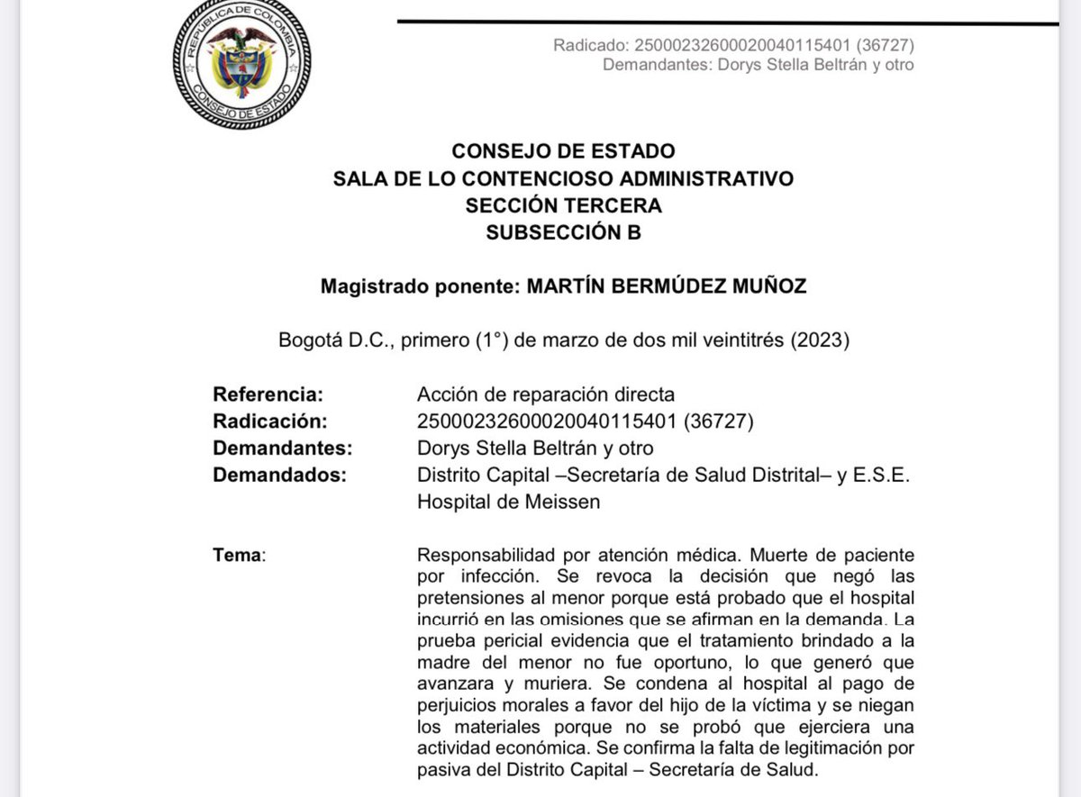 jairoparrac's tweet photo. RESPONSABILIDAD MÉDICA. DEMORA EN LA IDENTIFICACIÓN Y TRATAMIENTO. C.E: Hubo demora en la identificación del proceso infeccioso y en el inicio del tratamiento para la afección que presentaba la paciente. La detección tardía del proceso infeccioso generó que la salud de la paciente se agravara y se produjera su muerte. Según el concepto del perito, en la literatura médica se recomienda iniciar el tratamiento con antibióticos dentro de la primera hora luego de haber identificado la infección y, en este caso, dicho tratamiento se inició después de 10 horas de la presentación de los síntomas.