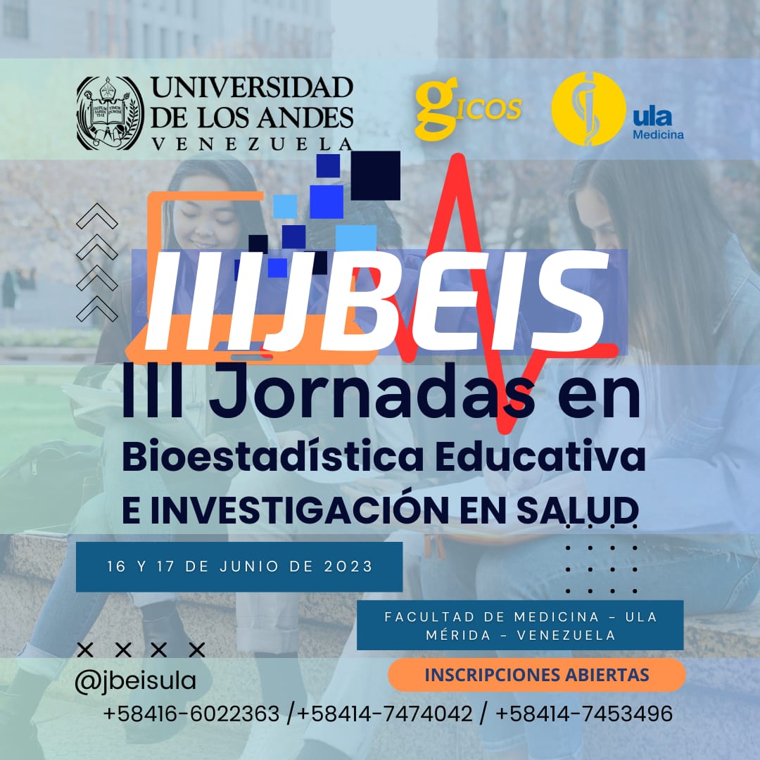 Las III Jornadas en Bioestadística Educativa e Investigación en Salud se llevará a cabo en la Facultad de Medicina #ULA Mérida #Venezuela los días 16 y 17 de junio de 2023 <a href="/DecanMed/">DecanatoMedicina ULA</a> <a href="/GicosRevista/">Revista GICOS</a> <a href="/ParedesYorman/">Yorman</a> <a href="/SaberULA/">SABERULA</a> <a href="/CdchtaUla/">Publicaciones CDCHTA ULA</a> <a href="/CDCHTA/">CDCHTA ULA</a> <a href="/rectoradoula/">Rectorado ULA</a>