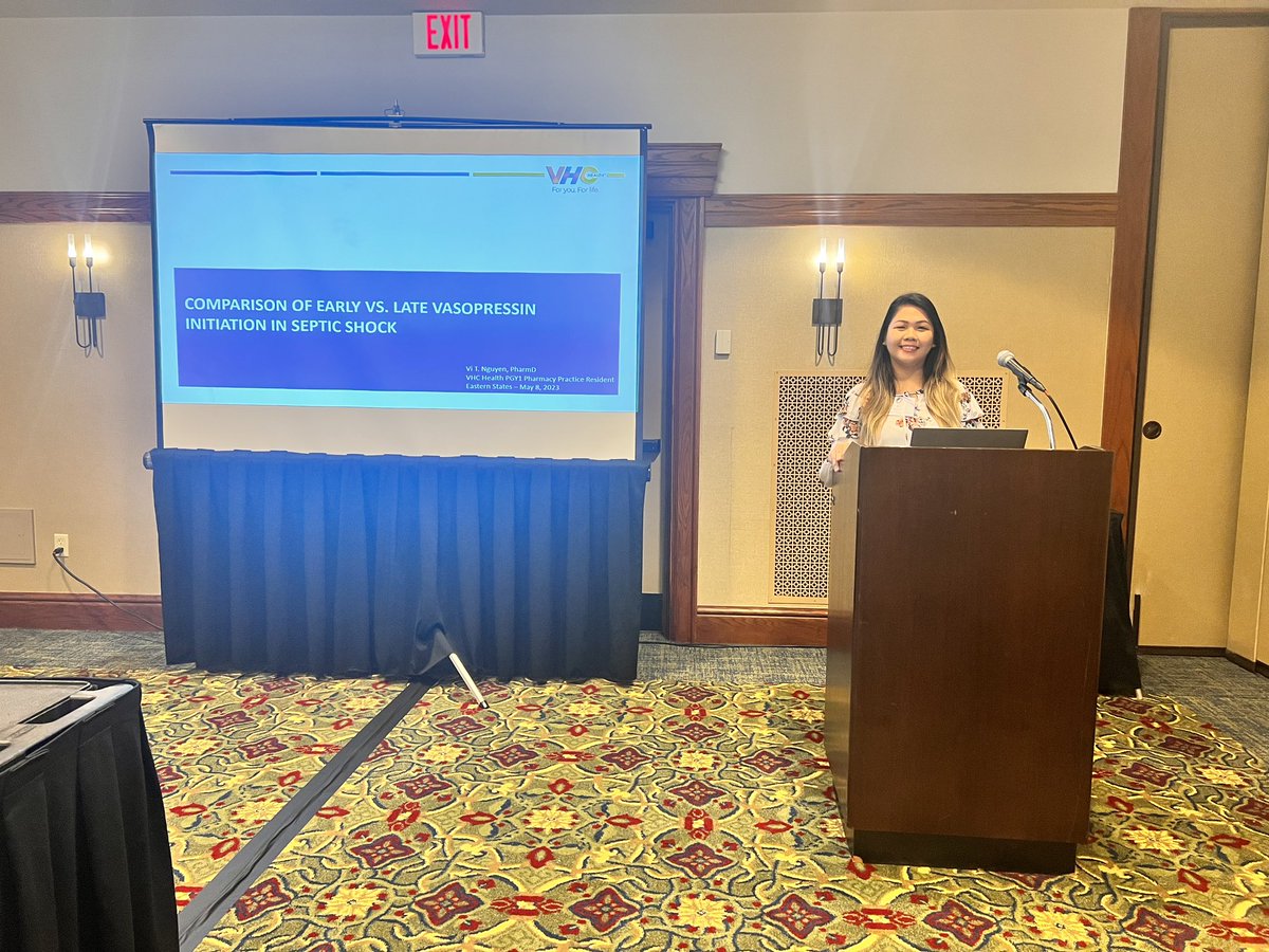 VHChealthRx's tweet photo. Proud of our fabulous pharmacy residents who presented their research at Eastern States Residency Conference in Hershey Pennsylvania 
Dr. Vi Nguyen : Comparison of early versus late vasopressin initiation in septic shock @NehaNaikPharmD @VHCHealth https://t.co/GYKqTDLWgt