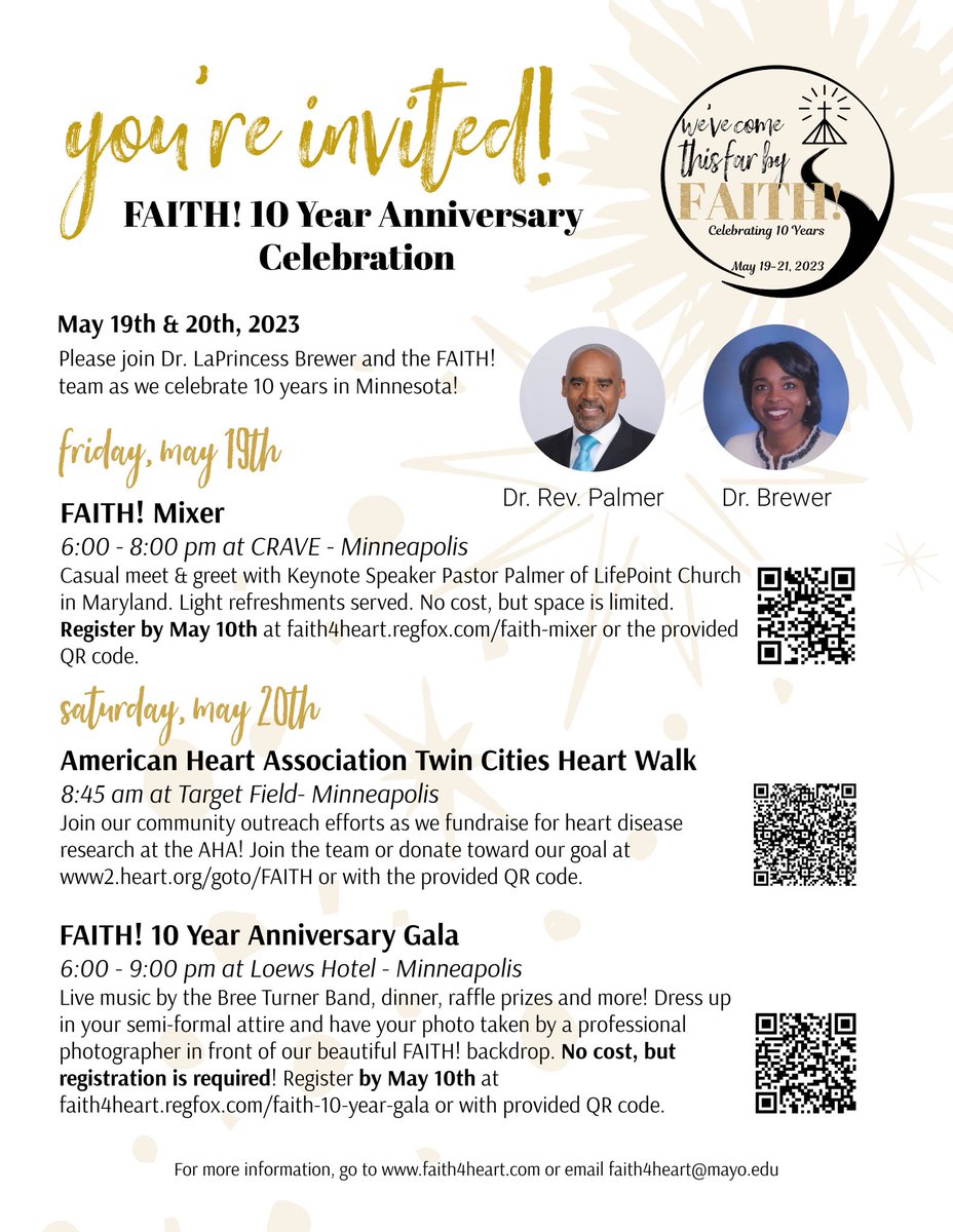 FAITH4Heart's tweet photo. 🚨Registration for our FAITH! 10 Year Anniversary weekend ends Wednesday, May 10th at 11:59PM CST.

Register now for FREE 💸

Visit https://t.co/2SC2BmTior or scan the QRC codes pictured below⬇️

@DrLaPrincess @mayoclinic_cenr @LisaCooperMD @SharonneHayes @ABCardio1 @RevMWayne https://t.co/RhvLdY0ML8