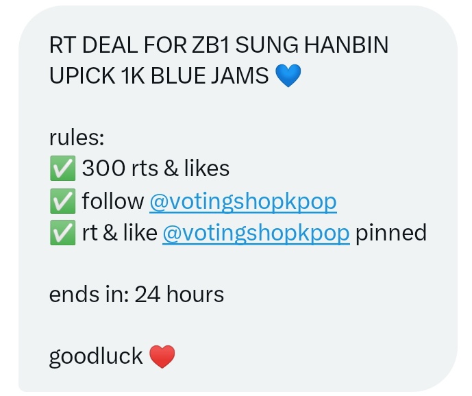 kay SUNG HANBIN 😸 on Twitter "Secured a RT DEAL for SUNG HANBIN UPICK 1K BLUE JAMS 🩵 rules