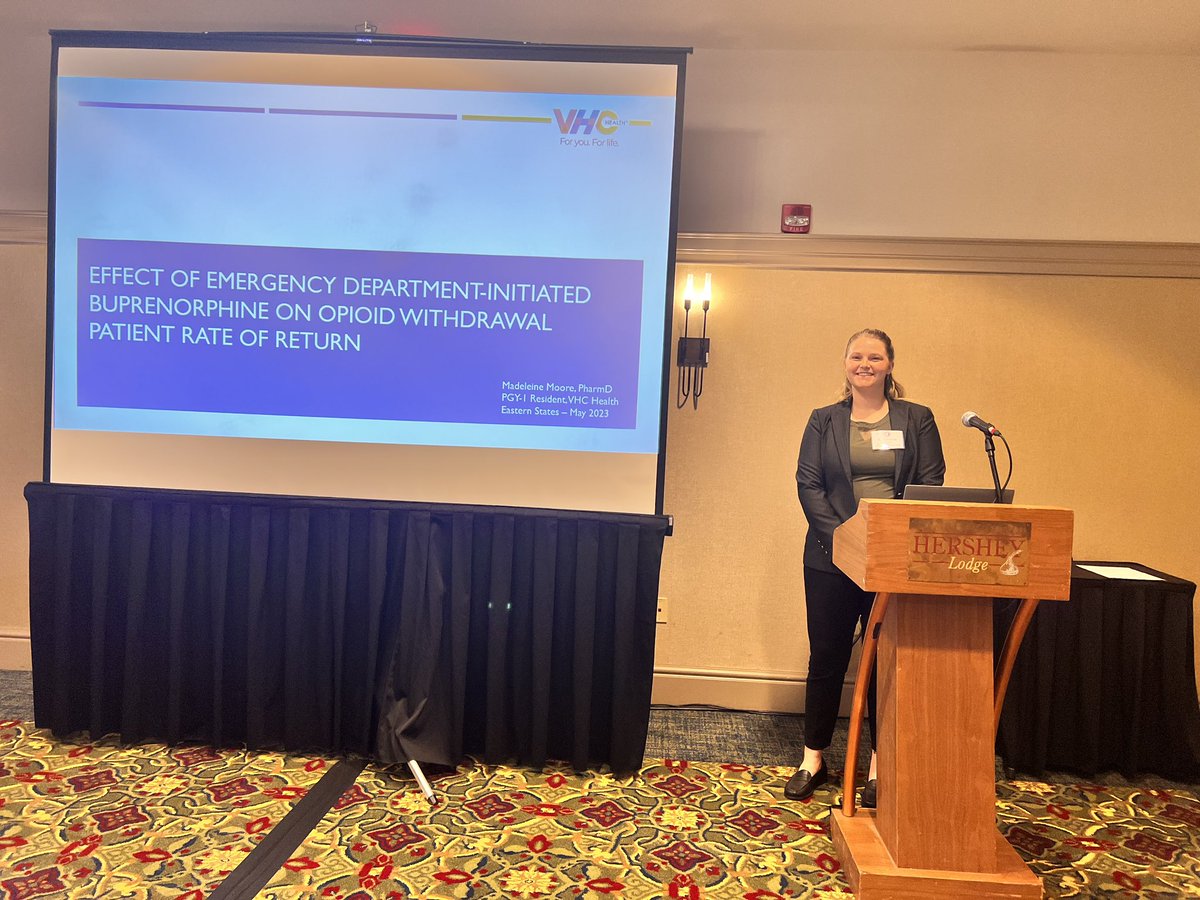VHChealthRx's tweet photo. Proud of our awesome pharmacy residents presenting at Eastern States Residency Conference in Hershey, Pennsylvania 
Dr. Madeleine Moore: Effect of emergency department buprenorphine on opioid withdrawal patient rate of return @VHCHealth @NehaNaikPharmD https://t.co/EaTrFxjZg5