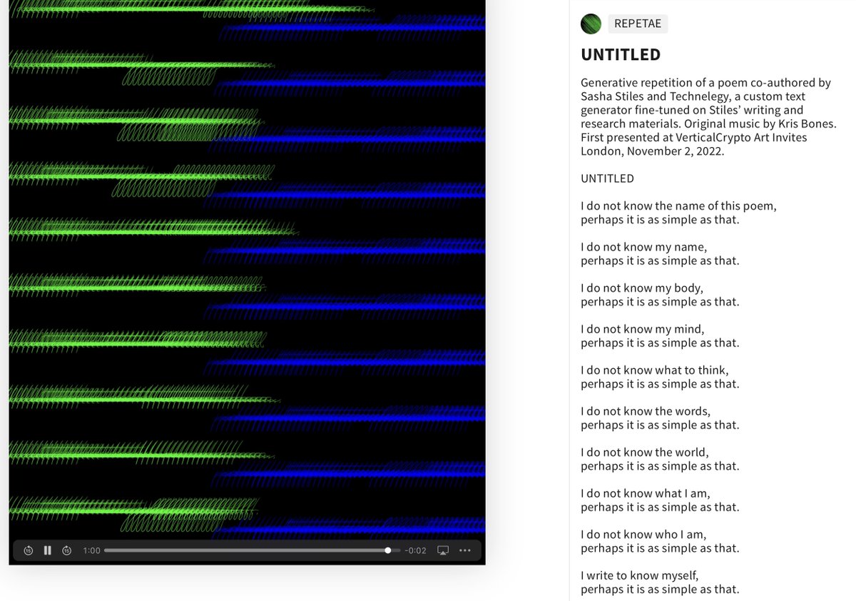 sashastiles's tweet photo. Good night from #REPETAE, my ongoing series exploring resonances btwn generative accumulations of a single line/stanza/poem & poetic repetition - the poem as code we rerun ad infinitum. Been writing something new for a special occasion at the end of this monthβ¦.stay tuned. https://t.co/qTUaqyujYN