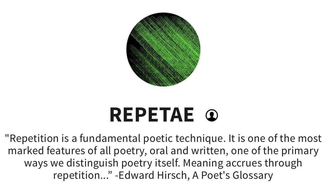 sashastiles's tweet photo. Good night from #REPETAE, my ongoing series exploring resonances btwn generative accumulations of a single line/stanza/poem & poetic repetition - the poem as code we rerun ad infinitum. Been writing something new for a special occasion at the end of this monthβ¦.stay tuned. https://t.co/qTUaqyujYN