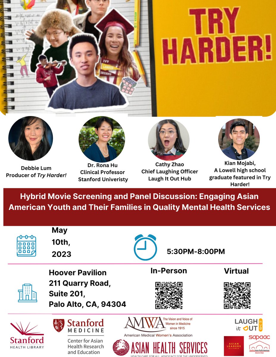 Join AMWA &amp; partners - Weds, May 10, 5:30-8:30 pm Pacific Time - for a hybrid event on #mentalhealth services for #AsianAmerican youth &amp; families! 
Watch "Try Harder" film, followed by a panel discussion.  
In-person: ow.ly/wAIP50Ohera
Virtual: ow.ly/uQvy50OhesB