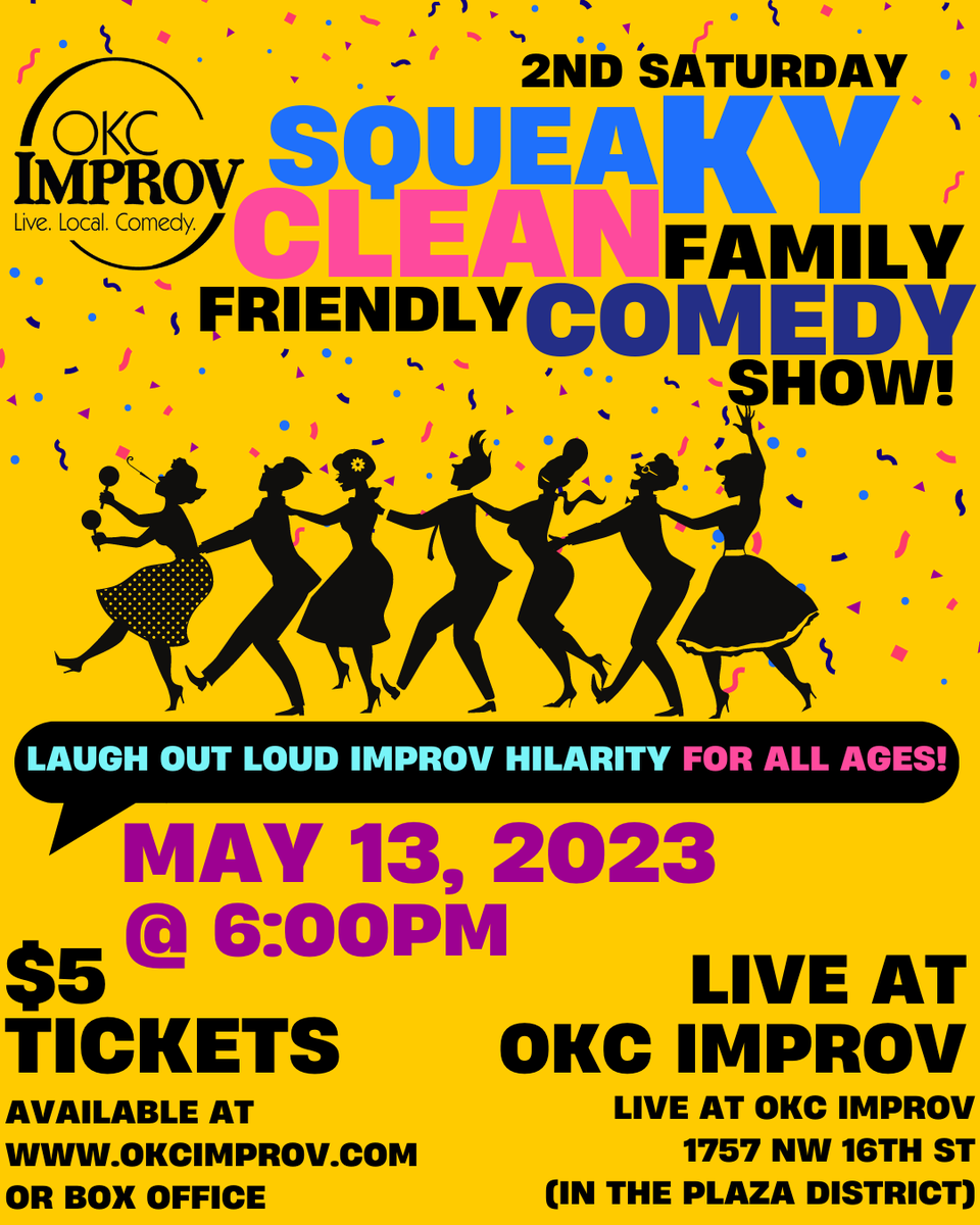 okcimprov's tweet photo. OKC Improv is offering fun for the WHOLE family! We've got our Squeaky Clean Family Friendly Comedy show that'll keep everyone laughing from Grandparents to kids! Reserve tickets today at https://t.co/ijN9S54CfC! #SqueakyCleanComedy #FamilyNight #PlazaProv https://t.co/tp1RFNwyI1