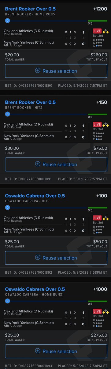 If at first and second...and third you don't succeed, try again?🤷‍♂️

I'm still riding with #LiveBetting Hit with #HomeRun for someone without a hit in the game so far
Brent Rooker
Oswaldo Cabrera

Only 3rd inning and these odds are juiced!😮
#OAKvsNYY #PlayerProps #StiefsBeliefs