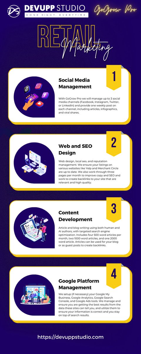 DevuppStudio's tweet image. Retail Digital Marketing - GoGrow Pro $399/mo
#retailmarketing #retail #smallbusiness #digitalmarketing #socialmediamanagement #webdesign #seo #doneforyou