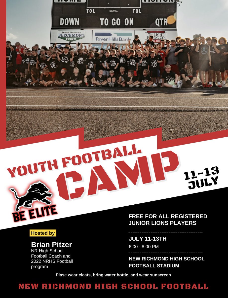 We’re Back!! <a href="/NRHSFootball_/">New Richmond Football</a> is JUICED for another year building &amp; developing our NR Youth! 

💰= FREE! 
🗓️= July 11th - 13th 
⏰= 6:00pm-8:00pm

We can’t wait! #BeElite #EliteStartsHere