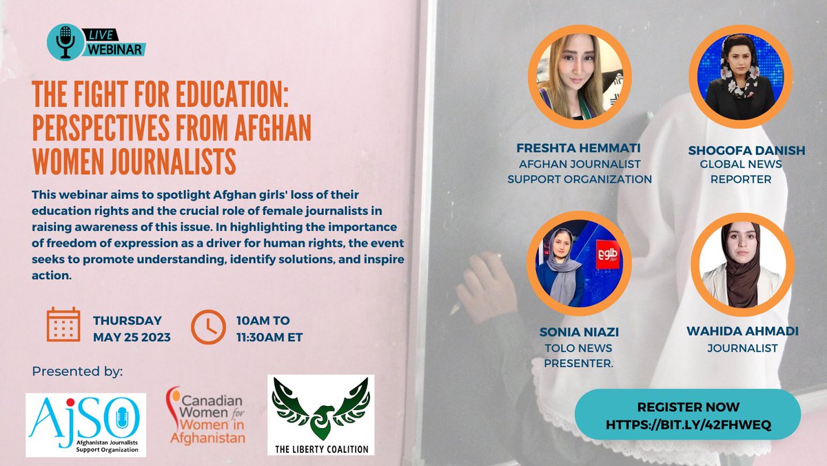 Join @AfghanistanJSO and @CW4WAfghan on May 25th, hear the first-hand stories of Afghan female journalists in Afghanistan and exile about their fight for education. We faced immense challenges and risks, but our commitment to the truth has never wavered. lnkd.in/euxSrhEs