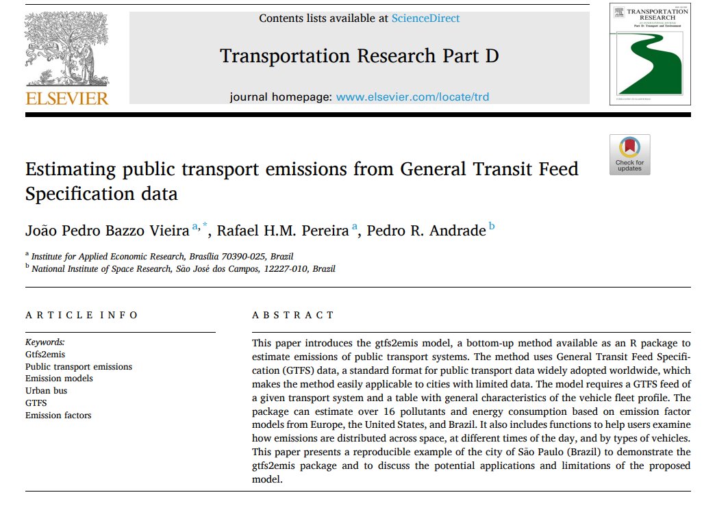 Super glad to see our study "Estimating public transport emissions from GTFS data" finally published on Transp. Research Part D. Amazing colaboration btwn <a href="/ipeaonline/">Instituto de Pesquisa Econômica Aplicada</a> with <a href="/joaopbazzo/">Joao Bazzo</a> &amp; P. Andrade <a href="/dsrinpe/">DSR INPE</a>
📑Paper: doi.org/10.1016/j.trd.…
🔓PDF: urbandemographics.org/publication/20… 
Short 🧵: