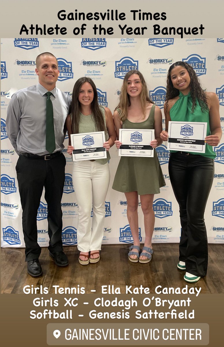 NTH_Athletics's tweet photo. Trojans Win!! 💚

Gainesville Times Athlete of the Year Banquet 

Girls Tennis - Ella Kate Canaday 
Girls XC - Clodagh O’Bryant 
Softball - Genesis Satterfield 

@gtimessports @gtimes @NorthHallTennis @NorthHallXC @nhtsoftball https://t.co/tCz25ALOa1