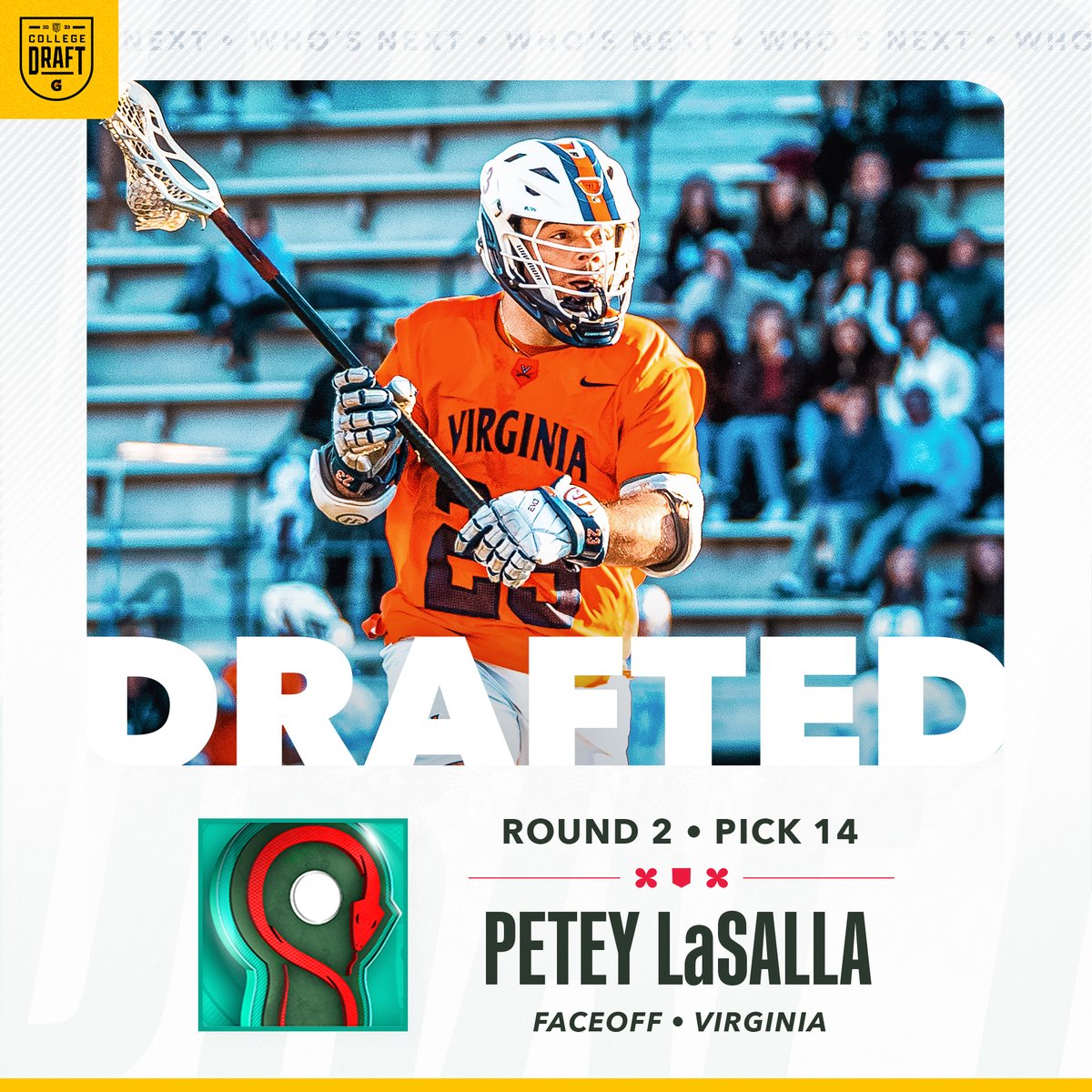 With the 14th Pick in the 2023 PLL College Draft, <a href="/PLLWhipsnakes/">Maryland Whipsnakes</a> select Petey LaSalla, faceoff from Virginia.
