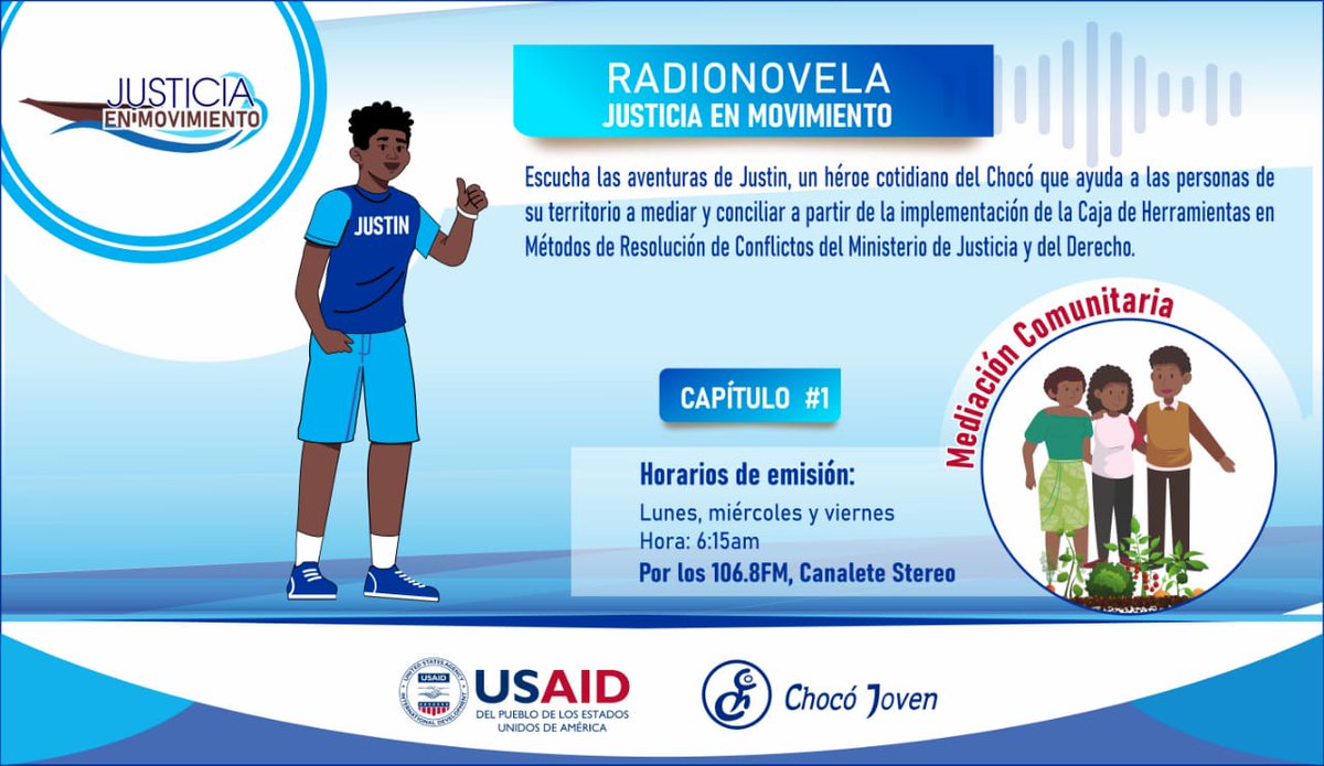chocojoven's tweet photo. Ya puedes escuchar el primer capítulo de nuestra radionovela Justicia en Movimiento. Todos los lunes miércoles y viernes a las 6:15 am por la emisora Canalete Stereo 106.8 FM. También aquí en nuestro perfil de Facebook y Youtube de Chocó Joven. Clic https://t.co/LtFNCWpmjI https://t.co/mIx9bjV18h