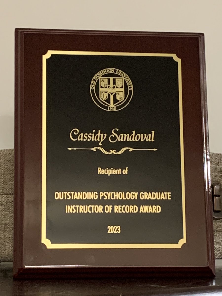 Extremely honored to have received 2 awards this week — the Candace M. Shorter Distinguished Student Award (Virginia Consortium Program) & the Outstanding Psychology Graduate Instructor of Record Award (Old Dominion University). Fun additions to the list of reasons to celebrate!
