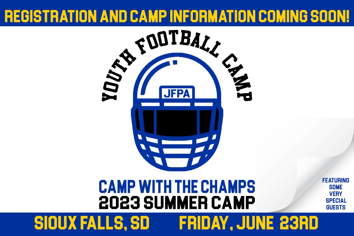 Attention @GoJacksFB fans!: The JFPA will be hosting its Inaugural JFPA Youth Football Camp in Sioux Falls on Friday, June 23rd. Spots are limited. •The link will be posted here •Girls & Boys in Grades 1st-8th •Each camper gets a T-shirt •Special guests will be announced