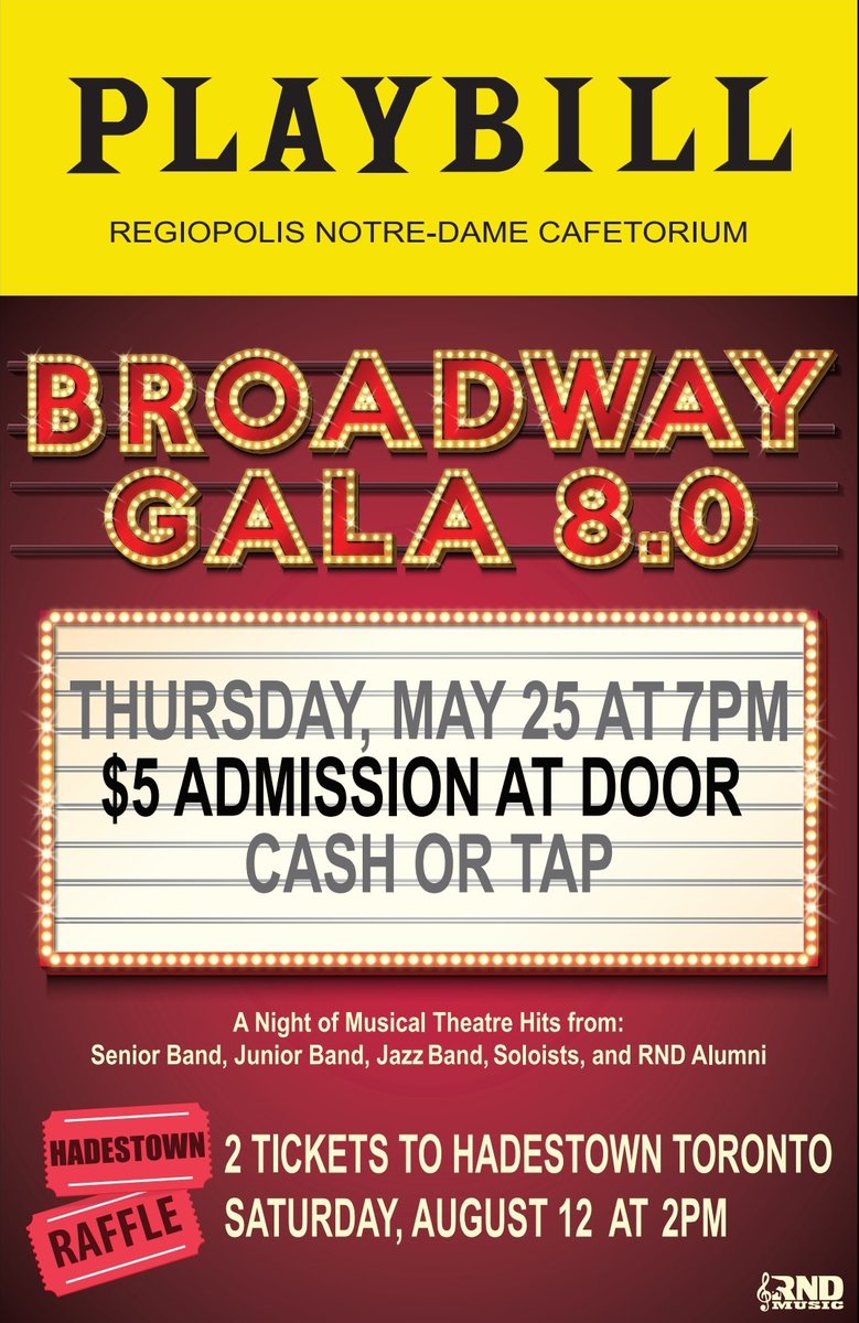 Broadway Gala 8.0 is coming soon!

✔️Hear your favourite Broadway Hits by bands, soloists, and alumni
✔️Enter into a raffle for 2 tickets to Hadestown in Toronto this summer
✔️2023 Musical Reveal
✔️Support the RND music program

Thursday, May 25th at 7pm.
<a href="/RegiNotreDame/">Regiopolis-Notre Dame</a> <a href="/alcdsb/">ALCDSB</a>