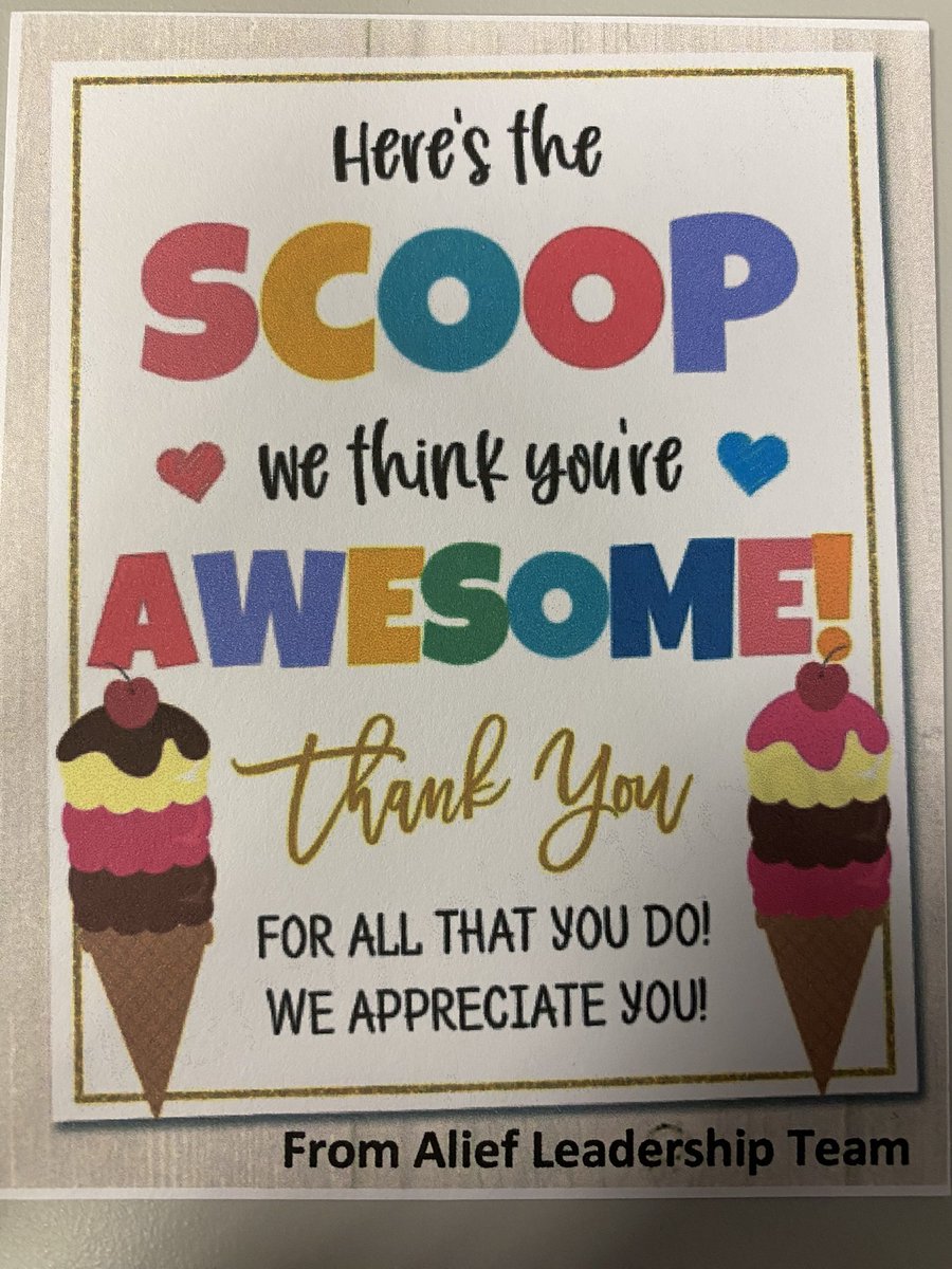 MytraCunningham's tweet photo. Here’s the Scoop, We Think You’re Awesome! 🍦 Thank you Dr. Veloz-Powell for stopping by to celebrate and love on our @ExplorersCol Staff. #AliefIceCreamDay @AliefISD #AliefProud #StaffAppreciationWeek #CAMPCollins https://t.co/vYxCBiYimX