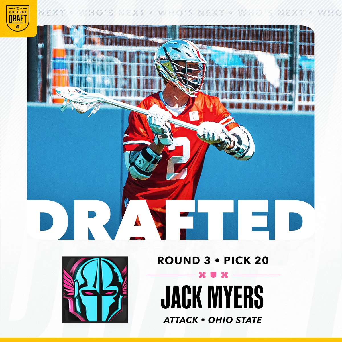 With the 20th Pick in the 2023 PLL College Draft, <a href="/PLLChrome/">Chrome Lacrosse Club</a> select Jack Myers, attackman from Ohio State.