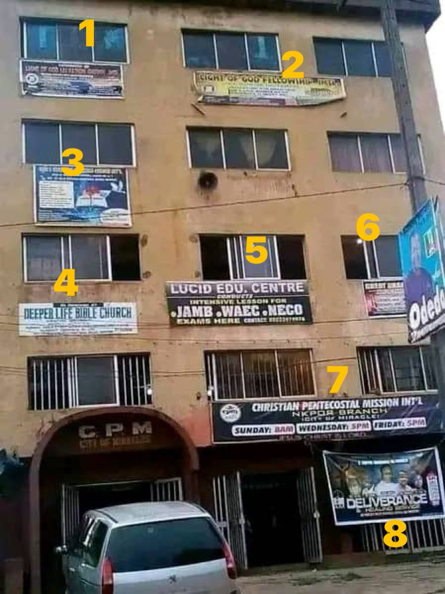 Any land where you can see eight churches in one building , something is definitely wrong with those people . Especially in this type of building below . I am sure is all about business venture than a place of worship but ignorance won’t allow some of their followers to accept…