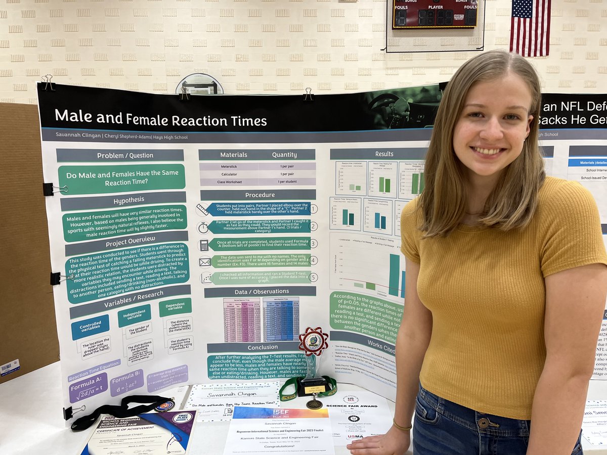 After winning 2nd place in the Kansas Science and Engineering Fair last month, Hays High freshman Savannah Clingan will be competing in the International Science and Engineering Fair next week in Dallas, TX.  Good luck, Savannah!