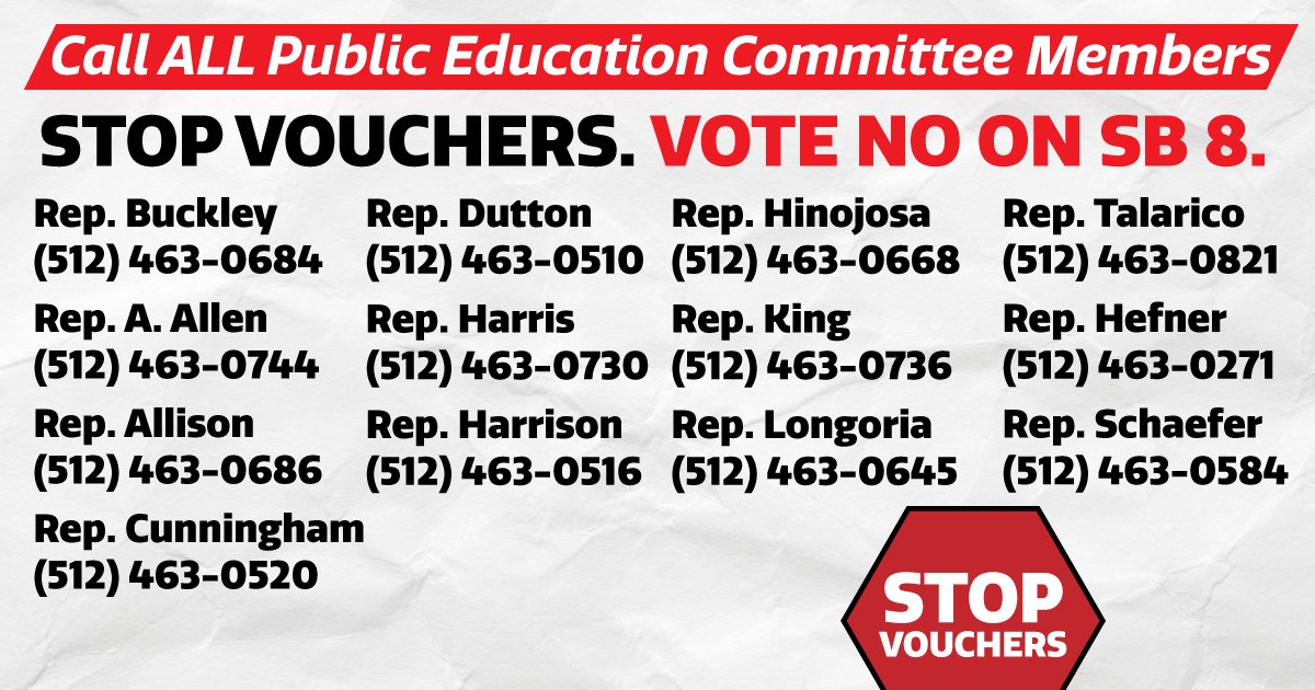 🚨🚨🚨 SURPRISE VOUCHER VOTE 🚨🚨🚨

The House Public Ed Committee will vote on a new version of voucher bill #SB8 TOMORROW. 

Chair Buckley gave no notice &amp; committee members are only just NOW seeing what they're voting on!

Send an email &amp; make calls 👇
actionnetwork.org/letters/urgent…