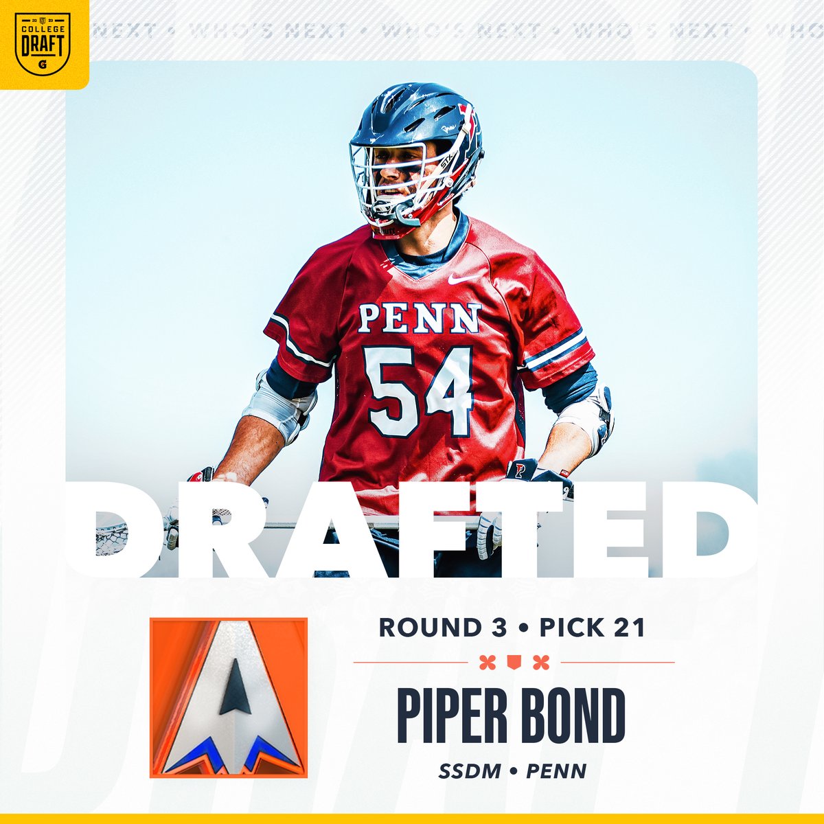 With the 21th Pick in the 2023 PLL College Draft, <a href="/PLLArchers/">Utah Archers</a> select Piper Bond, SSDM from Penn.